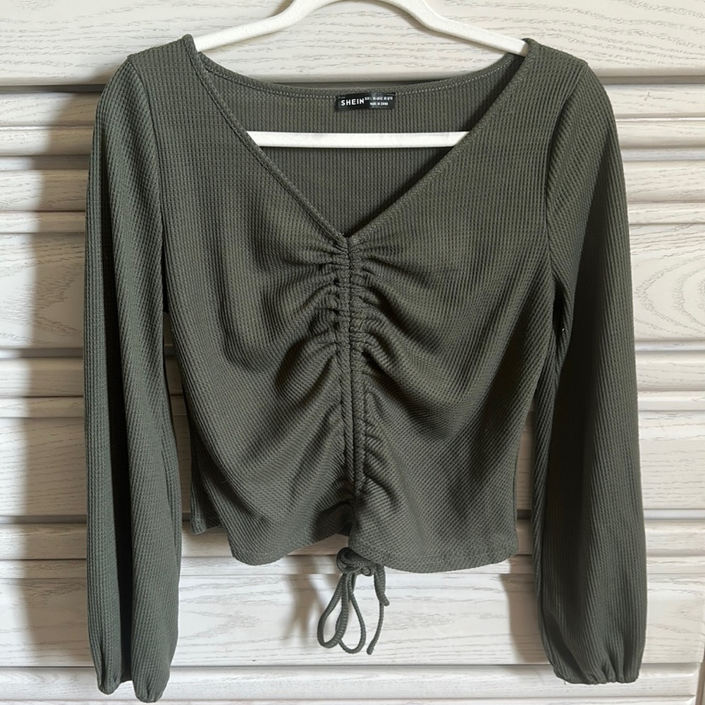 Green Front Tie Long Sleeve Blouse